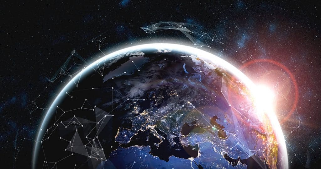 View of earth from orbit with Iridium Certus satellite network diagrams