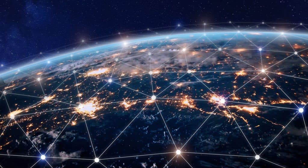 View of earth from outer space with satellite network diagram overlay.