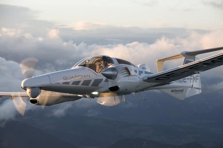 Diamond DA42 Aircraft Flying while using advanced C4ISR capabilities .