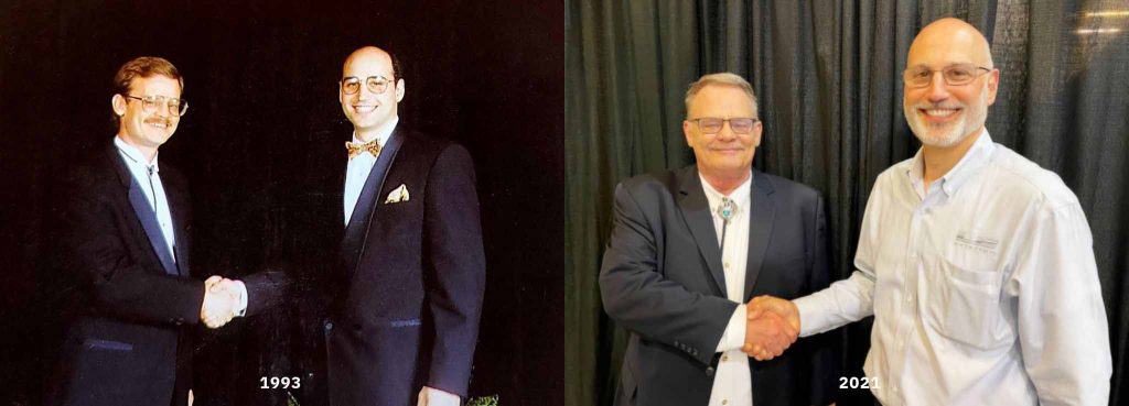 A then and now photo of Ray Larkin, Business Aviation Executive, shaking hands with another industry professional against a dark backdrop.