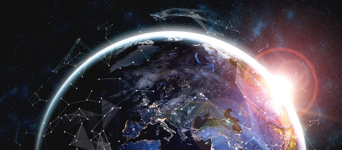 View of earth from orbit with Iridium Certus satellite network diagrams