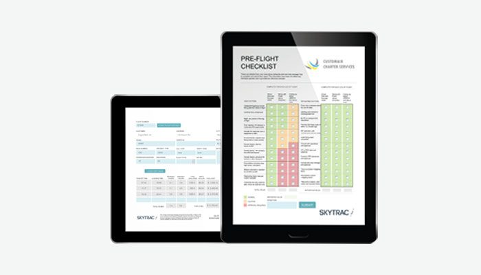 Electronic-Flight-Bag-EFB-Solutions-From-SKYTRAC-Displayed-Two-Tablets SKYFORMS Electronic Flight Bag (EFB) Solutions from SKYTRAC Displayed on Two Tablets.