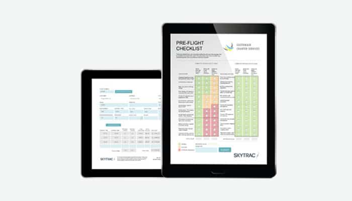 SKYFORMS Electronic Flight Bag (EFB) Solutions from SKYTRAC Displayed on Two Tablets.